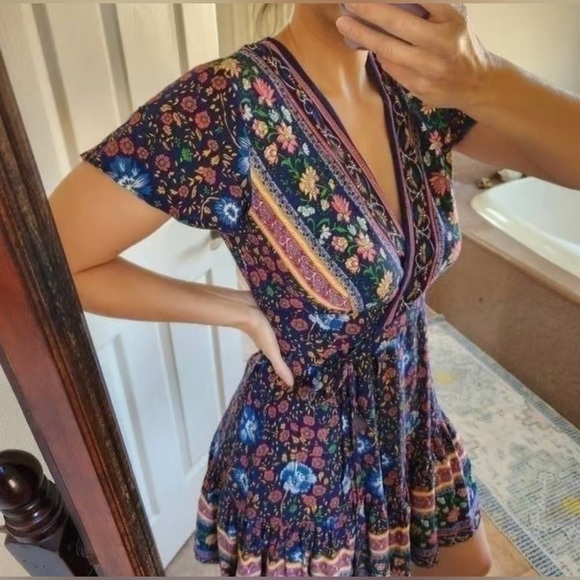 NWT Boho floral wrap mini dress Blue & Multicolored Juniors Large Women Small - Picture 2 of 15